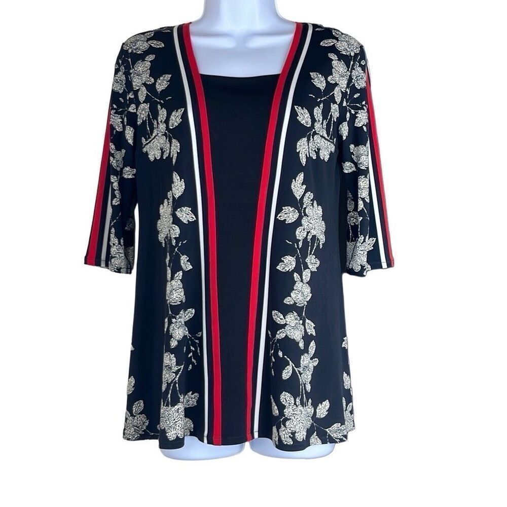 Eva Varro Red Black Floral Stripe Blouse Small Short Sleeve Stretch Wearable Art